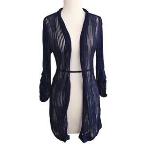 Nic + Zoe Knit Mesh Cardigan Navy Blue See Through Open Front Long Sleeve Size S